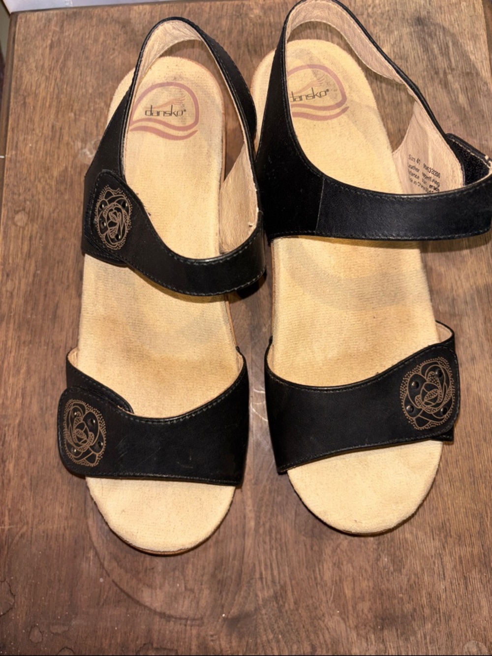 Dansko Black Two-Strap Embroidered Leather Sandals